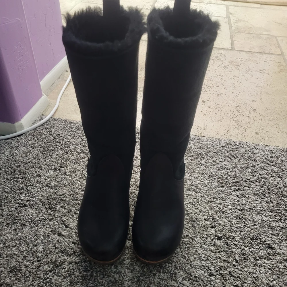 Women's Black Suede & Leather Clog Boots - Mid Calf - Picture 9 of 10